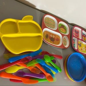 Kids plastic multicolored dish and silverware set.